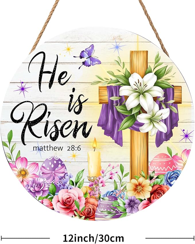 Harooni Easter Decorative Sign, 12x12in Modern Wooden Door Mount, Pastel, Bright, He is Risen, Twine, Rope