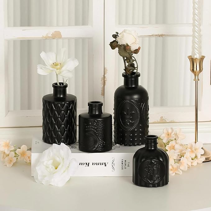 Mini Bud Vases As Wedding Centerpieces for Tables,Clear Bud Vases for Flowers,Small Flower Vases Suitable for Birthday Party,Anniversary,Wedding Reception,Baby Shower (Matt Black, 12PCS)
