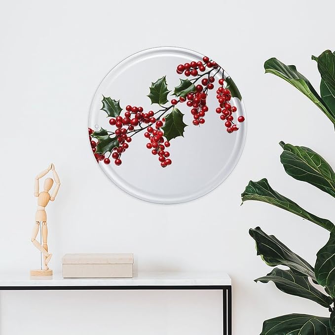 Wall Picture, with Holly Berry Branches Printed Circular Iron Hanging Picture,Wall Art Decor,Home for Bedroom Living Room Bathroom Decor,Iron Painting 11.8X11.8 in