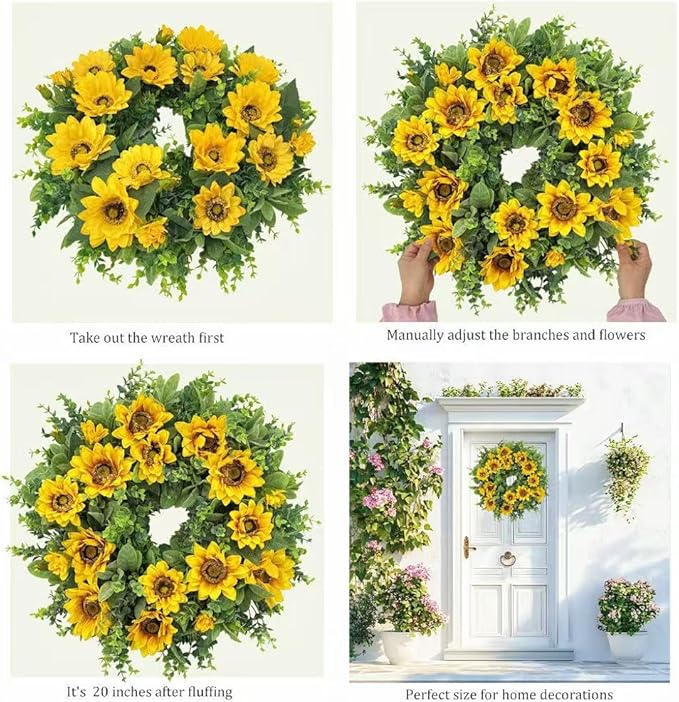 20 Inch Spring Sunflower Wreath for Front Door - Artificial Yellow Floral Front Door Decor with Sunflowers and Green Leaves, Cheerful Farmhouse Porch Indoor Outdoor for All Seasons Decor