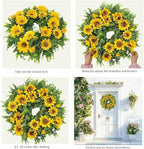 20 Inch Spring Sunflower Wreath for Front Door - Artificial Yellow Floral Front Door Decor with Sunflowers and Green Leaves, Cheerful Farmhouse Porch Indoor Outdoor for All Seasons Decor