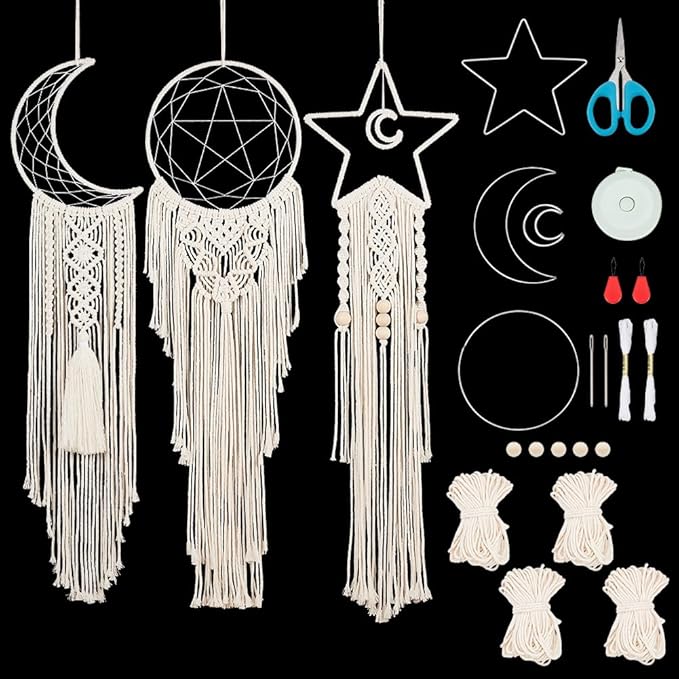 Macrame Kits for Adults Beginners Easy 3 Set Moon Star Craft Kits DIY Dream Catcher Kit with Instructions Video Macrame Wall Hanging Supplies Dream Catcher Kit for Room Wall Decoration
