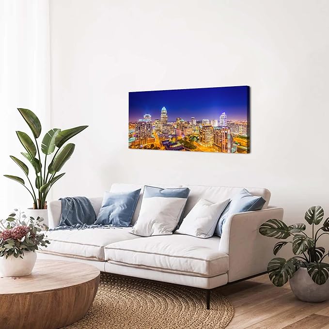 Charlotte Skyline Wall Art North Carolina City Wall Art Decor for Office Living Room Night View Cityscape Canvas Prints Pictures Modern Skyscraper Building Landscape Artwork Home Decoration 20x40"