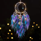 KHOYIME LED Light Up Dream Catcher Half Circle Moon Decor with Lights Handmade Feather Dreamcatchers for Bedroom Bohemian Home Decor Wedding Ornament Craft Gift (Purple&Blue)