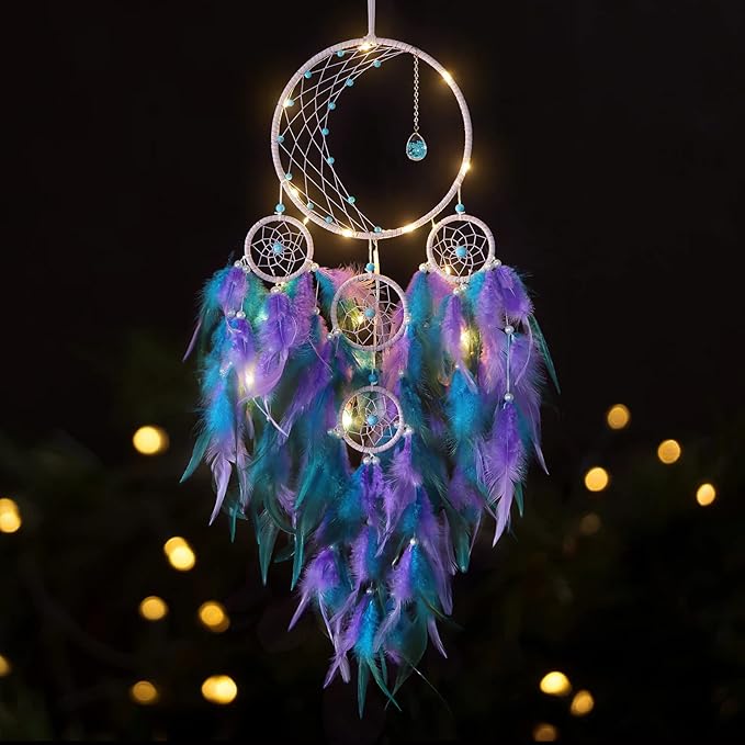 KHOYIME LED Light Up Dream Catcher Half Circle Moon Decor with Lights Handmade Feather Dreamcatchers for Bedroom Bohemian Home Decor Wedding Ornament Craft Gift (Purple&Blue)