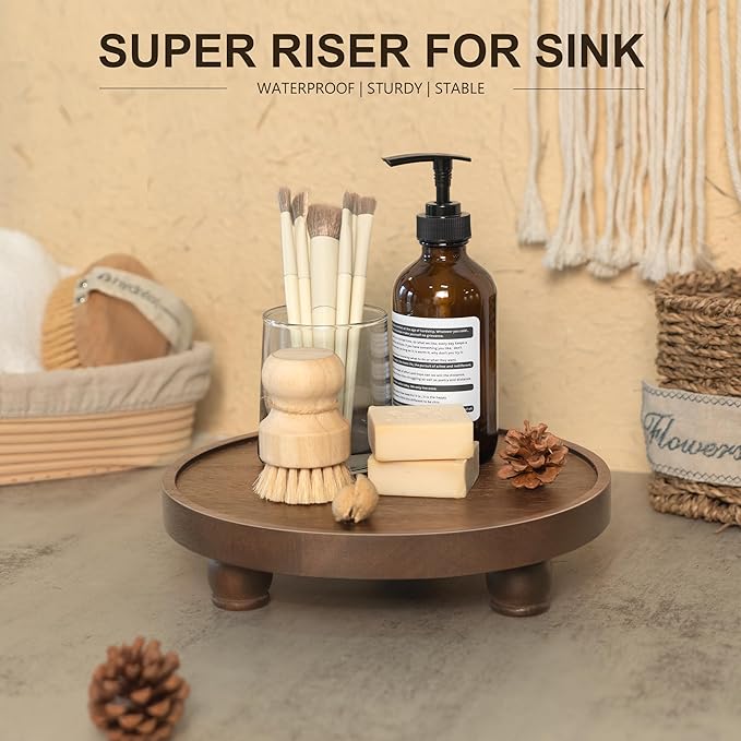 EOSAHR Farmhouse Wood Riser for Home Decor – Acacia Wood Round Pedestal Stand for Bathroom Decor & Kitchen Sink – Decorative Tray for Soap Dispenser, Plant & Cupcake (Dark Acacia)