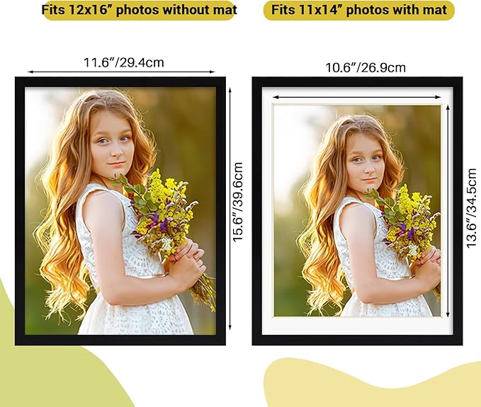 Rempry 12x16 Picture Frame, Display Pictures 11x14 with Mat or 12x16 Without Mat, Wall Hanging or Tabletop Photo Frame with Shatter Resistant Plexiglass, Black, 1 Pack