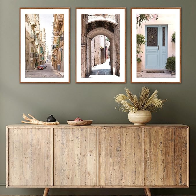 KAlRNE Vintage Cityscape Framed Canvas Wall Art Set of 3(24”X36”),European Street Scenery Wall Decor,Rustic Mediterranean Door Painting,Texture Alleyway Beige Art Prints For Living Room Bedroom Office