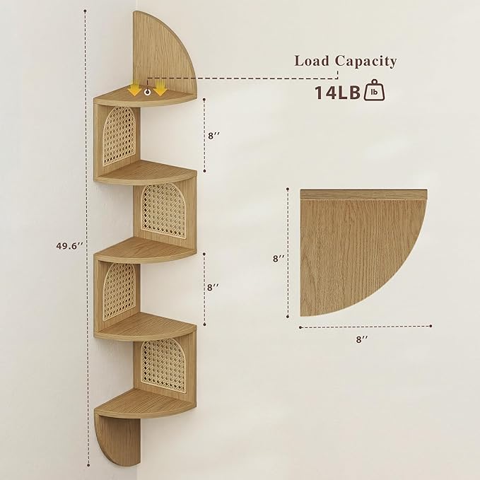 5-Tier Floating Corner Shelves for Wall, Zigzag Corner Shelf Unit, PVC Rattan Sides, Space-Saving, for Kitchen, Living Room, Bedroom, Boho Style, Oak Beige