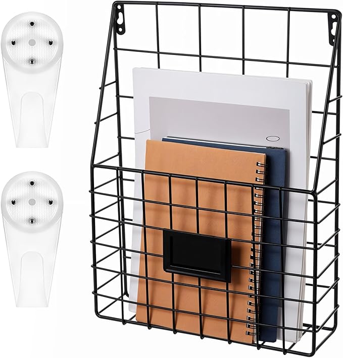 1 Pc Storage Racks, Metal Wire Wall Mounted Magazine Holder, Wall Hanging Organizer holder for Mail Files, Newspapers, Magazines with Tag Slot for Office, Home Organization, Black