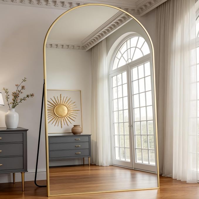 Prywot Full Length Mirror, Oversized 90"x46" Arched-Top Floor Mirror, Free Standing Mirrors, Modern Full Body Mirrors with Aluminum Alloy Frame for Bedroom,Living Room, Gold