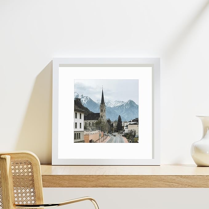 Vittanly 12x12 Picture Frames Set of 9, Shatter Resistant Plexiglass, Display 8x8 Pictures with Mat or 12x12 without Mat, Photo Frames for Wall Mount, Engineered Wood, White