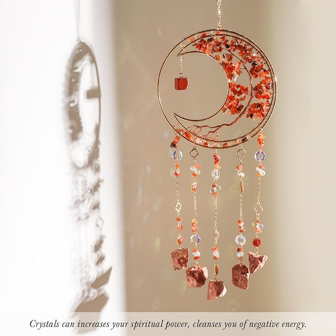 Red Gemstone Dream Catcher 7 Chakras Tree of Life Moon Dream Catchers with Healing Crystal Stones Handmade Suncatcher Dreamcatcher Wall Decor for Adults Living Room,Bedroom,Garden,Bless Gift