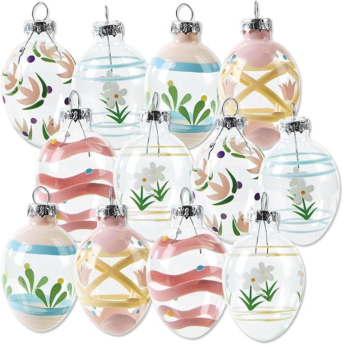 Lillian Vernon Hand Painted Blown Glass Easter Ornaments - Handcrafted Hanging Tree Decorations, Easter Egg Holiday & Party Decor, 2 in, Assorted, 12-Piece Set