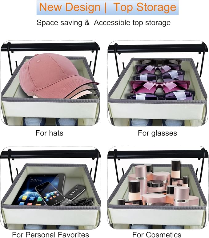 2 Pack Large-Sized Hanging Shoe Organizer 10-Shelf, Sturdy Hanging Closet Organizer with 8 Side Pockets, Wider Hanging Shelves for Storage Shoes Clothes Jeans Shirts Toys, Beige