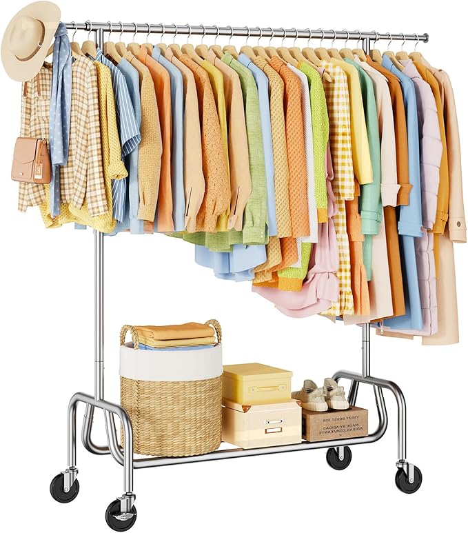 Clothes Rack with Wheels, Rolling Clothing Rack with Shelf, Heavy Duty Clothes Racks for Hanging Clothes, Metal Standing Garment Racks, Silver