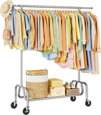 Clothes Rack with Wheels, Rolling Clothing Rack with Shelf, Heavy Duty Clothes Racks for Hanging Clothes, Metal Standing Garment Racks, Silver