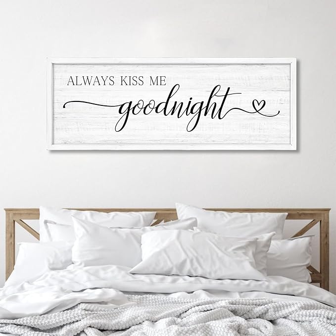 Always Kiss Me Goodnight Wall Sign Above Bed 41.3''×15'' Large Farmhouse Wall Decor for Bedroom Couples Room Decor Framed Wood Wall Art Rustic Master Bedroom Wall Decoration (white frame)