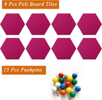 8 Pcs Hexagon Felt Cork Bulletin Board Tiles, Self Adhesive DIY Bulletin Board Pin Board for Office School Home Wall Decor Memos Photos Display(Rose Red)