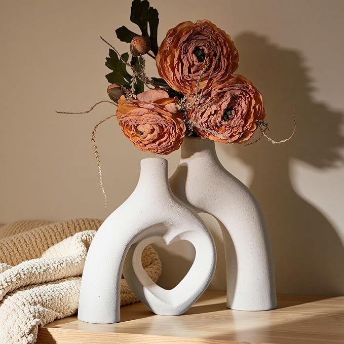Modern Ceramic Vase, Snuggle Heart-Shaped Abstract Sculpture Vases, Minimalist Boho Home Decor for Living Room Shelf & Table Centerpiece Decorative Vase (Milky White)