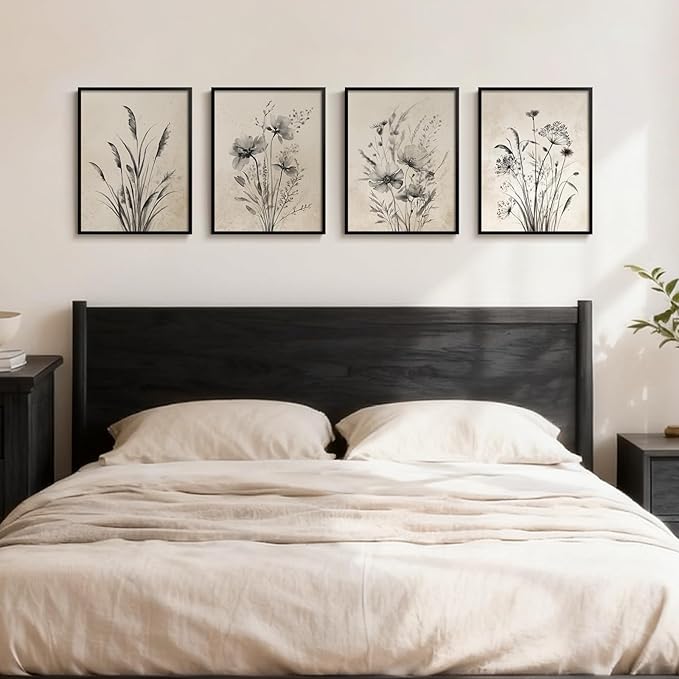 Framed Vintage Botanical Wall Art, 4 Piece Neutral Rustic Boho Floral Canvas Painting Prints for Modern Farmhouse, Black and White Flower Pictures for Living Room Bedroom Dining Room Wall Decor, 12x16