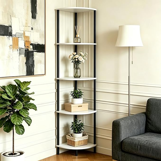 5-Tier Corner Shelf Stand,Tall Narrow Bookshelf for Small Spaces,Rustic Wood & Metal Storage Shelf,Display Plant Stand with Anti-Tip Straps for Bedroom,Living Room,Bathroom,White