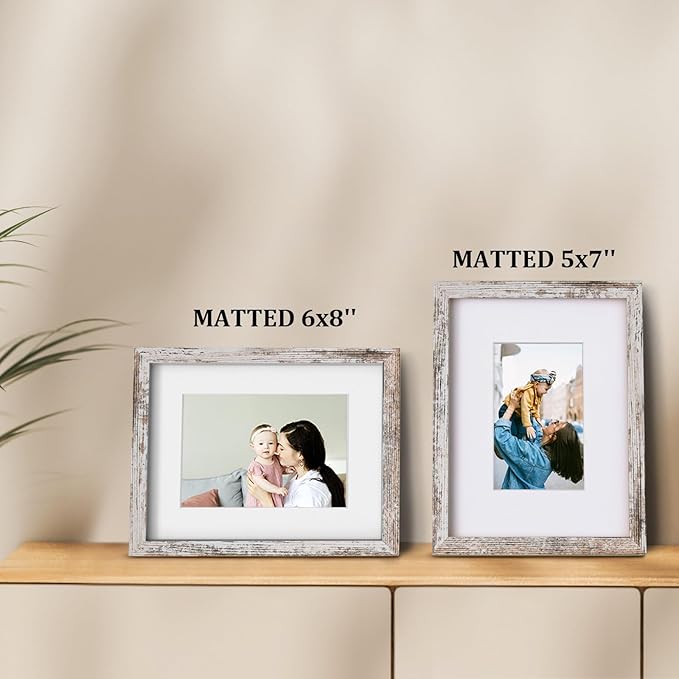 Egofine 9x12 Picture Frames Set of 4, Made of Solid Wood Covered by Plexiglass 5x7 and 6x8 with Mat or 9x12 without Mat, for Table Top Display and Wall Mounting Photo Frame, Rustic White