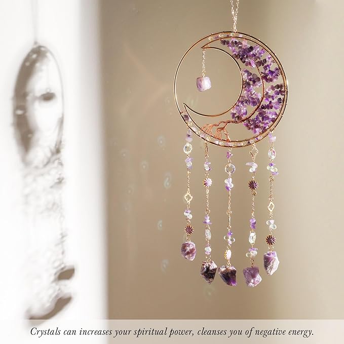 Purple Gemstone Dream Catcher 7 Chakras Tree of Life Moon Dream Catchers with Healing Crystal Stones Handmade Suncatcher Dreamcatcher Wall Decor for Adults Living Room,Bedroom,Garden,Bless Gift