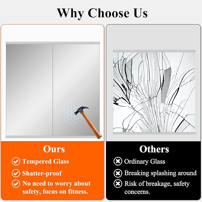 Ruomeng Home Gym Mirror, 48''x24''x2PCS Full Length, Large Frameless Body Mirror Tempered Glass for Gym, Workout, Yoga, Garage, Dance Studio