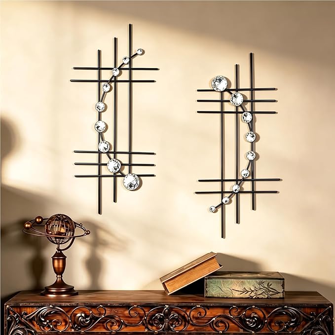ZEXUIRU 2 Pcs Abstract Metal Art for Wall Decor Living Room Bedroom Bathroom Office Metal Bling Modern Geometric Hanging Vertical Small Iron Sculpture Plaque Pack -Black 24in