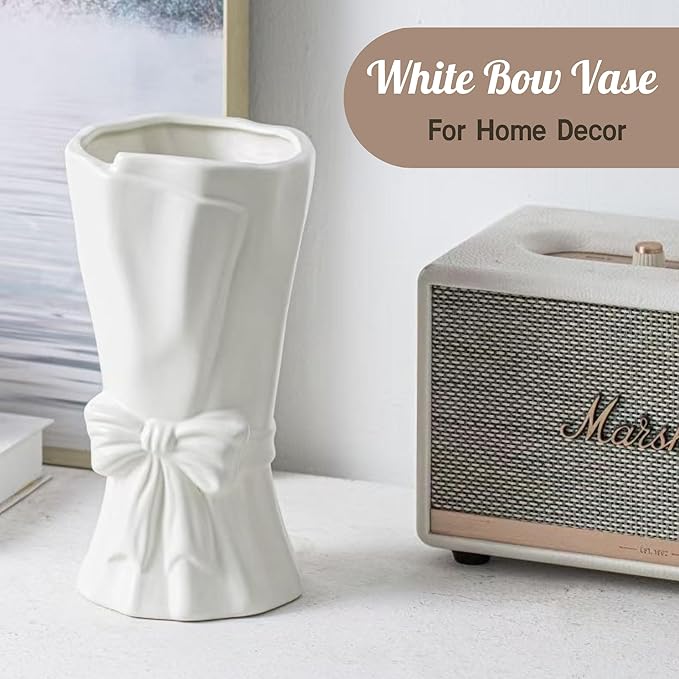 White Flower Vase for Home Decor, White Ceramic Vases for Boho Style, Bow Decor, 9.3 Inch Flower Vases for Bouquet, Large Vase for Ideal Shelf Decor/Table. (Large)