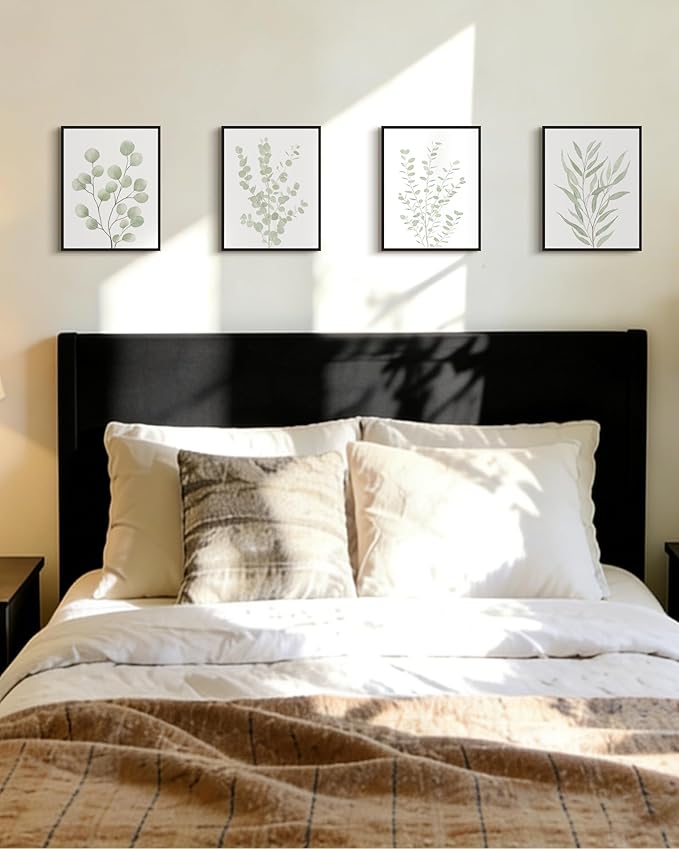 Drsoum Botanical Plant Framed Wall Art Boho Wall Decor for Bathroom Sage Green Eucalyptus Leaf Prints Minimalist Aesthetic Ready to Hang Set of 4, 8x10 in (Black Framed)