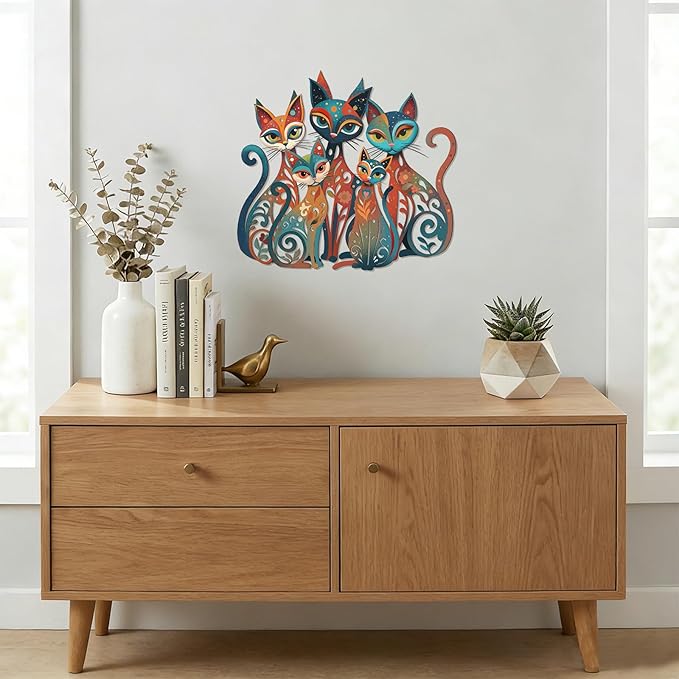 Wesiti Cat Wall Art Decor Iron Wall Sculptures Decor for Cats Lover 13.58 x 12.40 Inches Colorful Mid Century Cat Retro Signs for Home Living Room Bedroom Kitchen Office(Timeless)