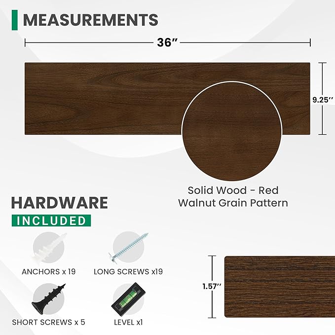 Marsmiles Solid Wood Floating Shelves for Wall, 36”W x 9”D x 1.56”H Large Wall Shelves for Living Room Bedroom Bathroom Kitchen Drcor Storage with Invisible Heavy-Duty Metal Bracket, Walnut, Set of 2