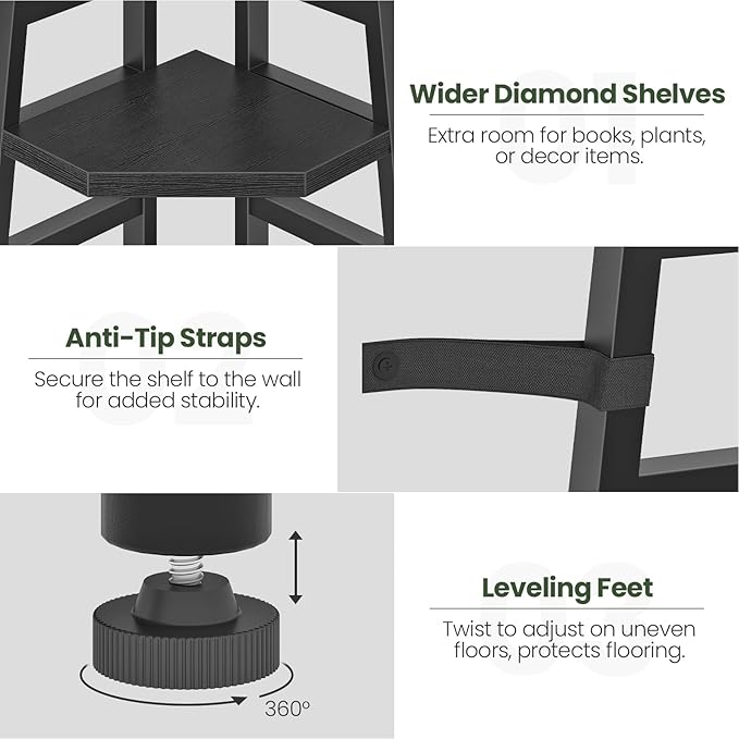 CHOEZON 70.1-Inch 5-Tier Tall Corner Shelf, Narrow Bookshelf for Small Spaces, Industrial Bookcase Display Stand for Living Room, Bedroom, Office, Black TCJ25BB