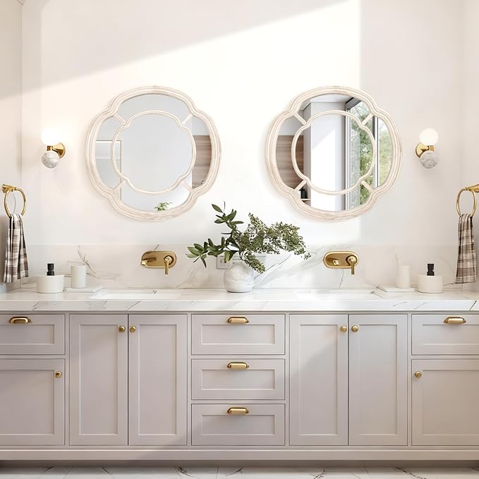 White Irregular Mirror, Wall Mounted Wavy Circle Mirror Wood Frame Round Hanging Decorative Mirros for Entryway Living Room Vanity and Bedroom, 20 Inch Home Decor