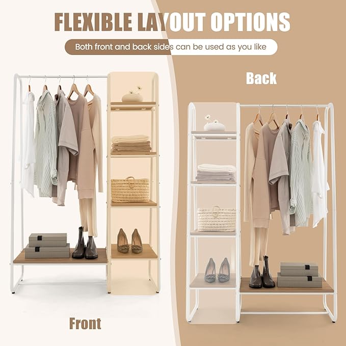 Tangkula Garment Rack with Shelves, Clothes Rack with 5 Shelves & Hanging Bar, Open Wardrobe for Hanging Clothes and Storage, Free Standing Closet Organizer, Clothing Rack for Bedroom Entryway