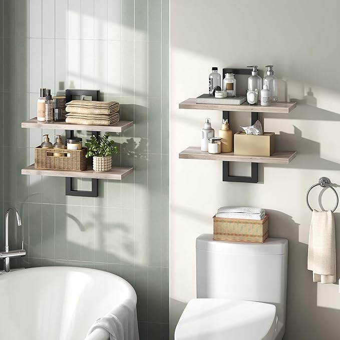 HOOBRO Floating Shelves, 15 Inch Wall Shelf Set of 2, Wall Mounted Storage Shelves 2-Tier, Hanging Bathroom Shelves, for Living Room, Bedroom, Bathroom, Kitchen, Greige BG32BJ01