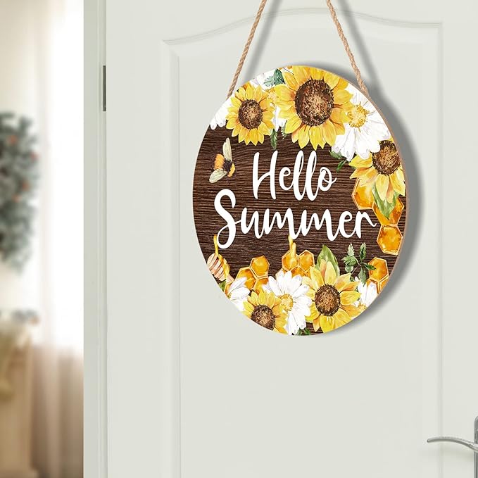 Hello Summer Sign 12 x 12 Inch Summer Themed Sunflower Welcome Sign Front Door Decor Farmhouse Porch Decoration Sunflower Round Wooden Hanging Sign for Home Garden Farmhouse Yard