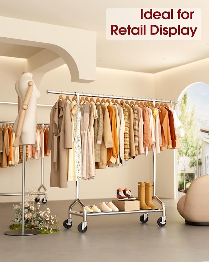 Heavy Duty Clothes Rack - Garment Rack with Extendable Side Rods & Bottom Shoe Shelf, 25mm Stainless Steel Frame with Wheels, 49.8–74.8'' x 62.6'' x 16.5'', Silver