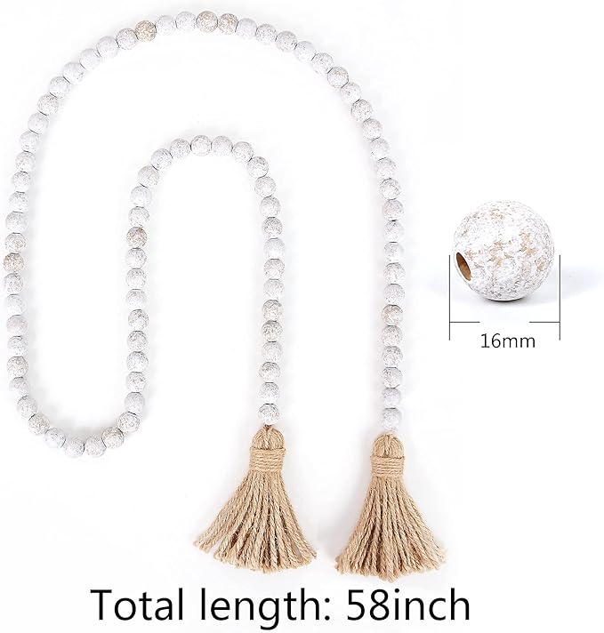 58in Wood Bead Garland with Tassels, Farmhouse Rustic Country Decor Prayer Boho Wall Hanging Decoration (Whitewash)