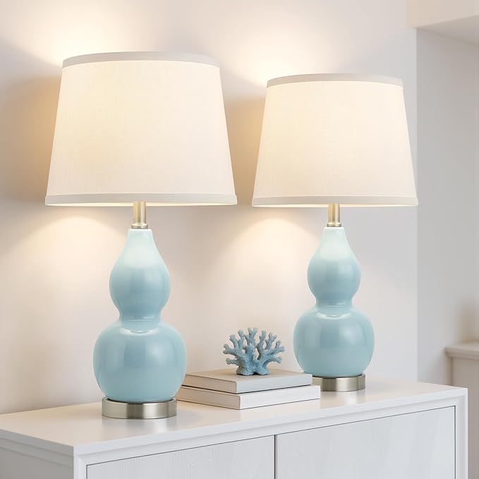 GyroVu 22" Table Lamp Set of 2, Color Temperature Adjustable Double Gourd Ceramic Lamps Classic Nightstand Table Lamps for Bedroom Beside Lamps for Living Room, Sky Blue-Bulbs Included