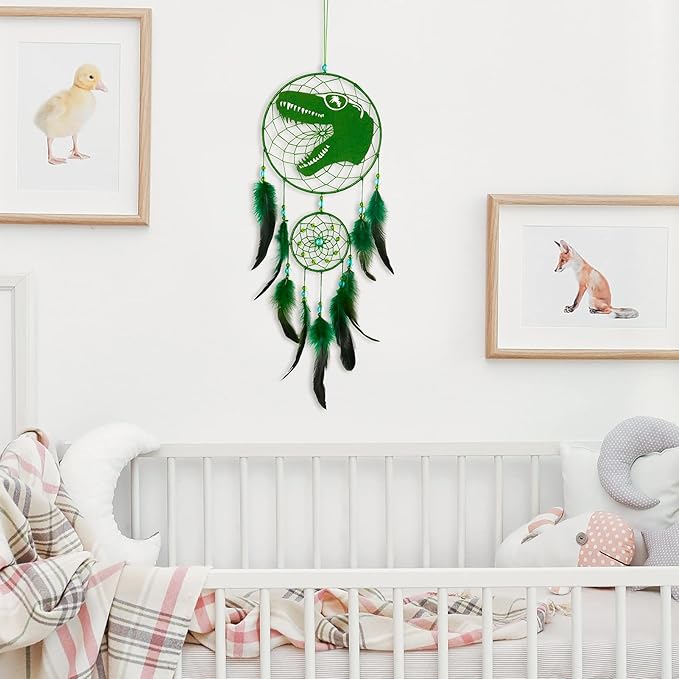 Basumee Dream Catcher for Kids Feather Dream Catchers Handmade Home Decor Wall Hanging with Double Ring for Nursery Bedroom Boys Room, Green Dinosaur