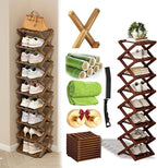 Foldable Shoe Rack, 2-9 Tier No-Tool Assembly Bamboo Organizer with Anti-Wobble X-Design for Small Spaces, Sturdy Vertical Storage Shelf for Entryway, Closet, Apartment & Dorm (Brown,8 Layers)