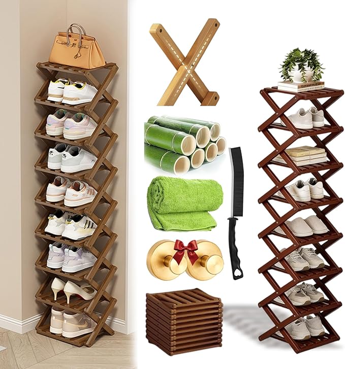 Foldable Shoe Rack, 2-9 Tier No-Tool Assembly Bamboo Organizer with Anti-Wobble X-Design for Small Spaces, Sturdy Vertical Storage Shelf for Entryway, Closet, Apartment & Dorm (Brown,8 Layers)