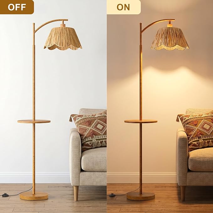 Oneach 63.5" Floor Lamp with Table for Living Room, Boho Rattan Standing Lamps with Foot Switch, Farmhouse Floor Lamp for Bedroom, Arc Tall Lamp with Metal Base&Pole, Bulb not Included, Woodgrain