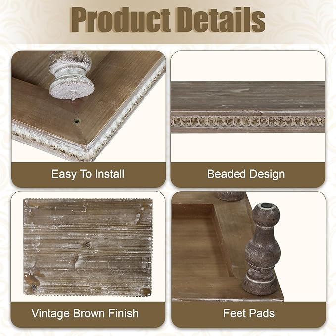 MAONAME Wood Display Risers Decorative Tray, Farmhouse Pedestal Stand for Display Home Decor, Vintage Brown Beaded Wooden Tray for Kitchen Counter, Short and Tall Footed