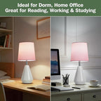 Small Bedside Table Lamp for Bedroom - Reading Desk Lamp with 3 Color Temperatures，15.5" Nightstand Ceramic Lamp with Fabric Shade for Kids Room,Living Room,Dorm,Home Office (White+Pink