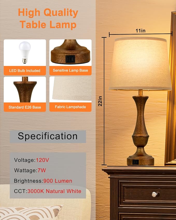 Seealle Upgraded Touch Lamps for Night Stands Set of 2 - Bedside Lamps with USB C+A, 3 Way Dimmable for Bedroom Living Room End Tables Office (Brown&Oat)