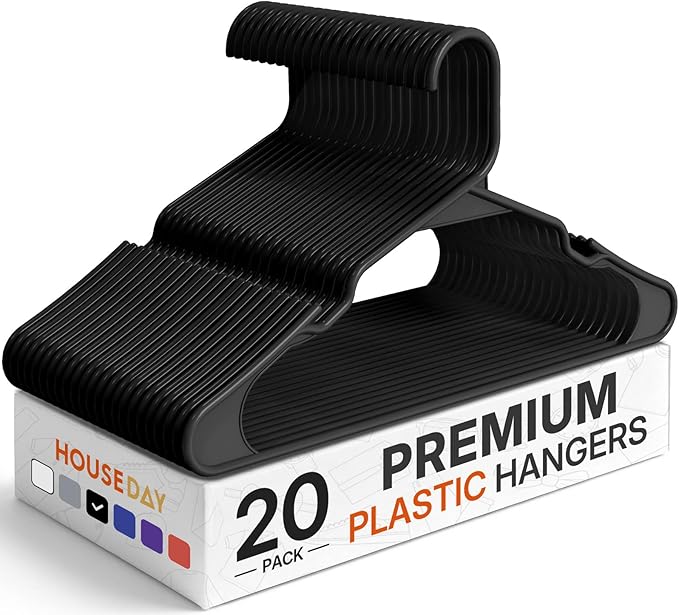 HOUSE DAY Plastic Hangers 20 Pack - Black Clothes Hangers with Non-Slip Shoulder Grooves, Durable and Sturdy T-Shirt, Dress, Coat Hanger, Space Saving Design Perfect for Closet Organizers and Storage